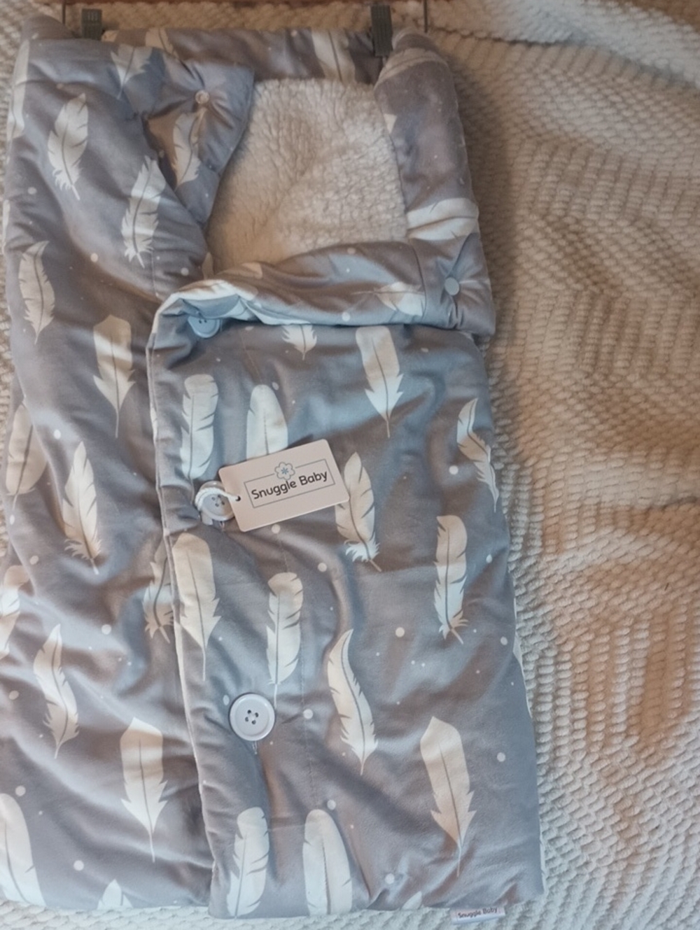 Grey Feather Print Kids Sleep Sack - Cozy Sherpa Lining